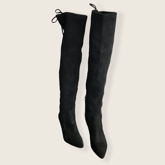 Sam Edelman Kristie Over The Knee Black Suede Kitten Heel Zip Up Point Toe Boots - Picture 10 of 16